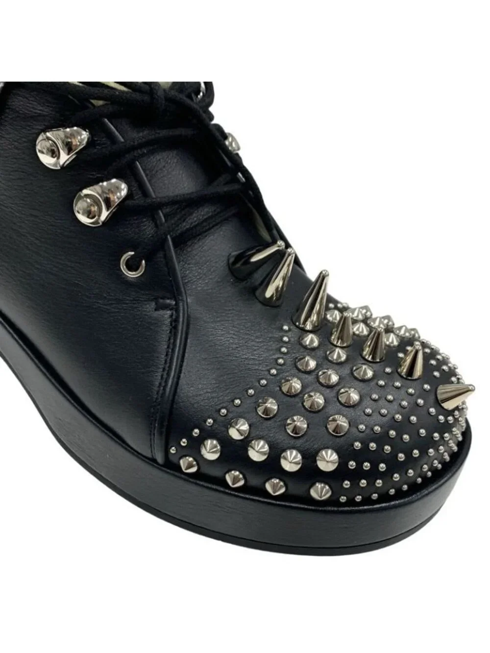 Gucci Boots Short Shoes Leather Shearling Black Studs Lace Up Boa - Picture 9 of 10